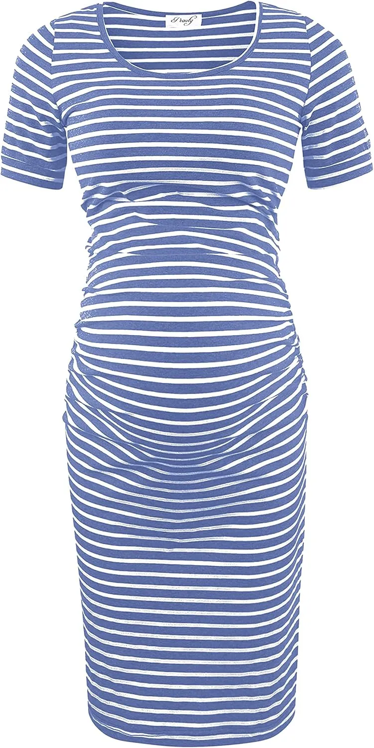 Peauty Everyday Essentials Maternity Bodycon Dress Side Ruch & Short Sleeve Dress for Baby Shower Daily (S-2XL)