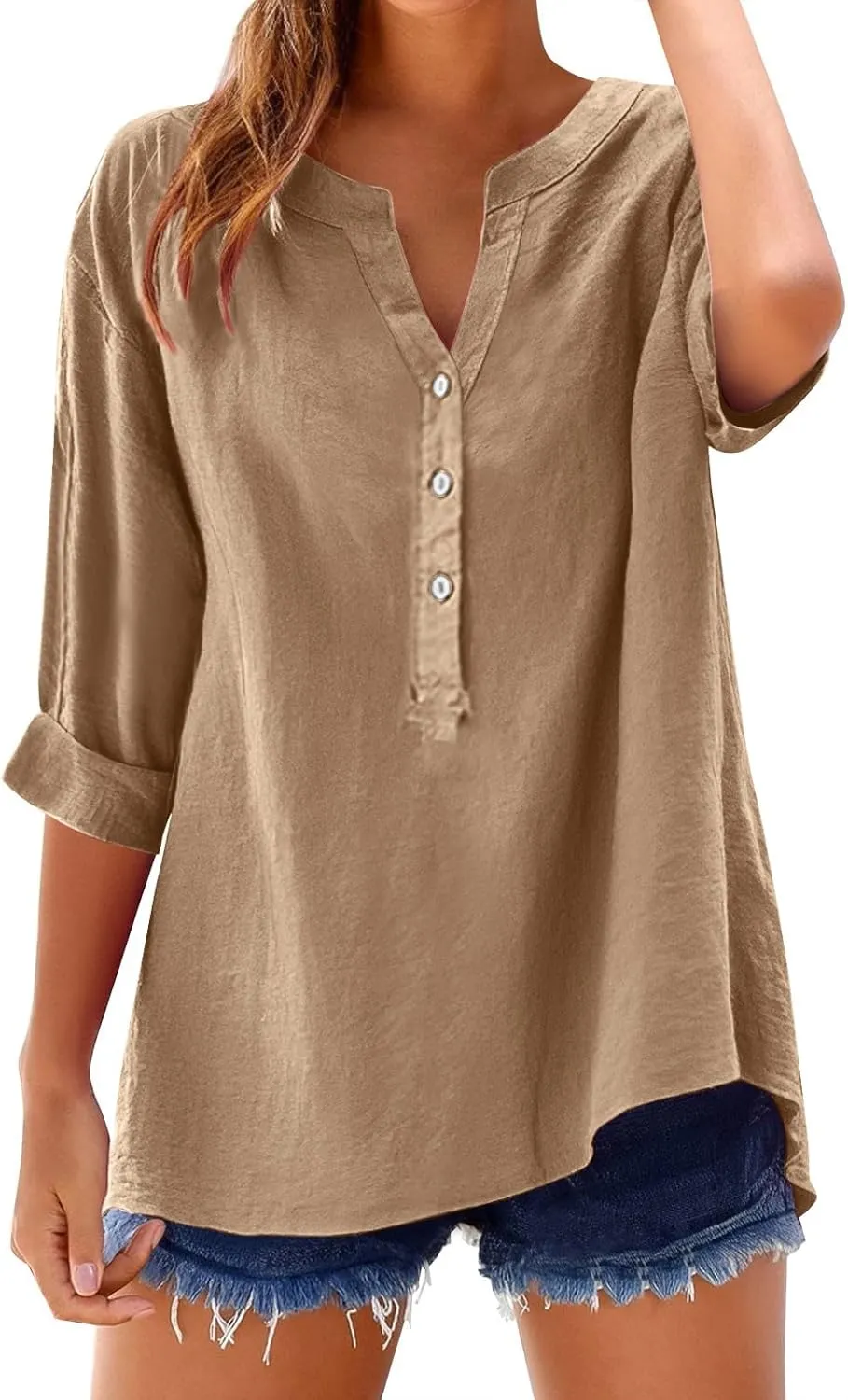 Plus Size Linen Tops for Women V Neck Long Sleeve Button Down Shirts Office Work Blouse Summer Beach Vacation Tunics