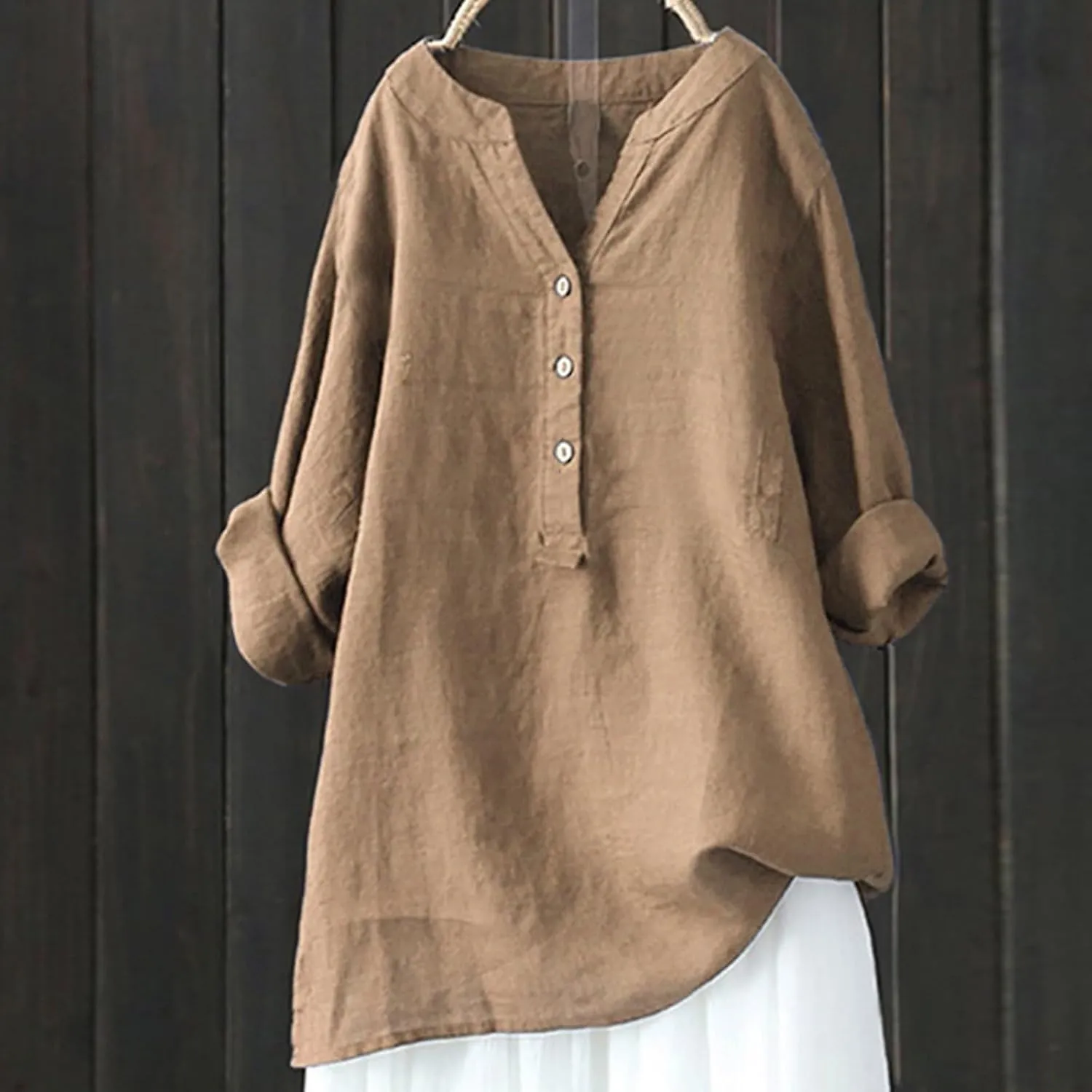 Plus Size Linen Tops for Women V Neck Long Sleeve Button Down Shirts Office Work Blouse Summer Beach Vacation Tunics