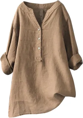 Plus Size Linen Tops for Women V Neck Long Sleeve Button Down Shirts Office Work Blouse Summer Beach Vacation Tunics