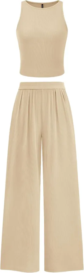 PRETTYGARDEN Spring Two Piece Sets For Women 2025 Ribbed Knit Crew Neck Sleeveless Tank Tops Wide Leg Pants Casual Lounge Set