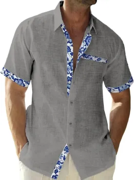 QIVICIMA Men's Hawaiian Shirt Linen Short Sleeve White Pink Sky Blue Button Down Shirt Casual Print Shirts