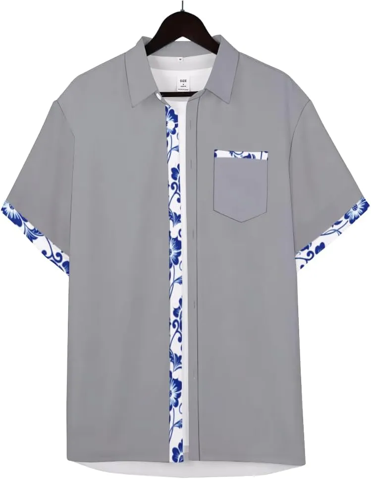 QIVICIMA Men's Hawaiian Shirt Linen Short Sleeve White Pink Sky Blue Button Down Shirt Casual Print Shirts
