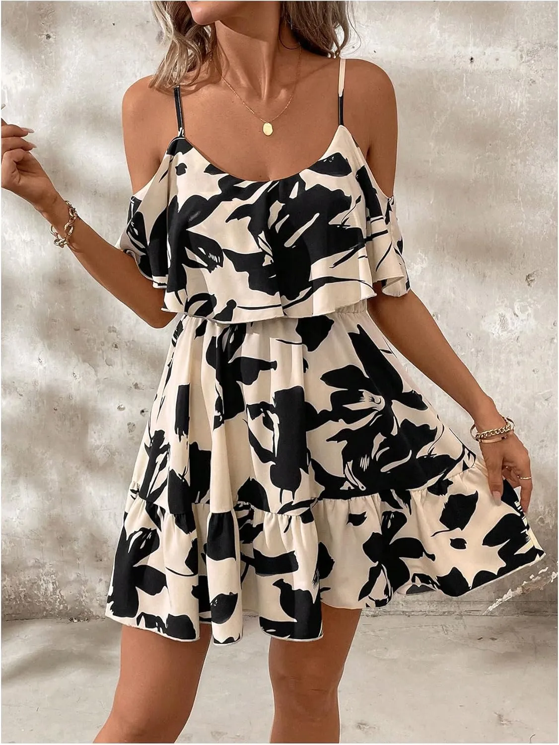 SOLY HUX Women's Boho Floral Print Cold Shoulder Dress Short Sleeve Ruffle A Line Vacation Elegant Mini Dresses
