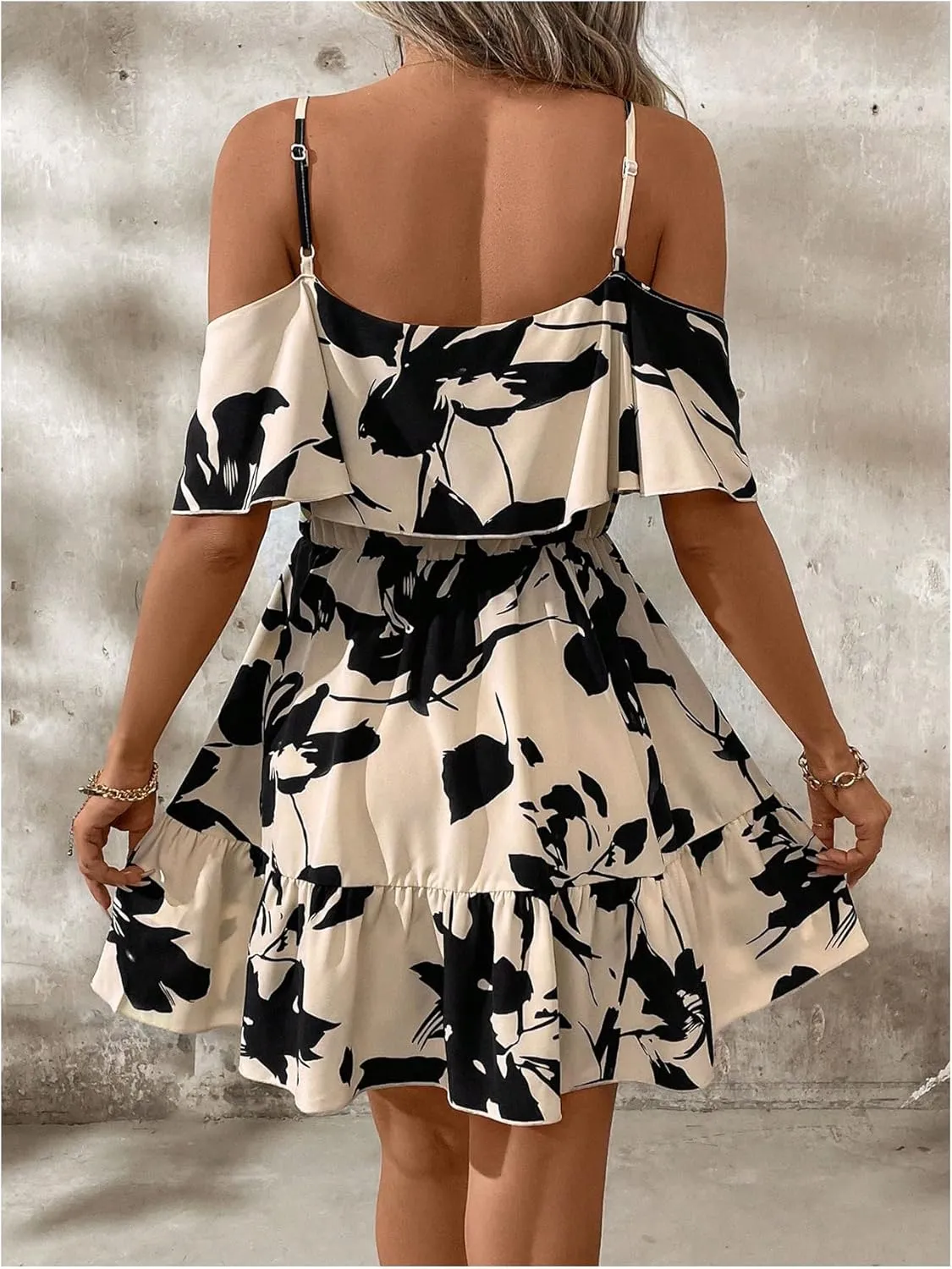 SOLY HUX Women's Boho Floral Print Cold Shoulder Dress Short Sleeve Ruffle A Line Vacation Elegant Mini Dresses