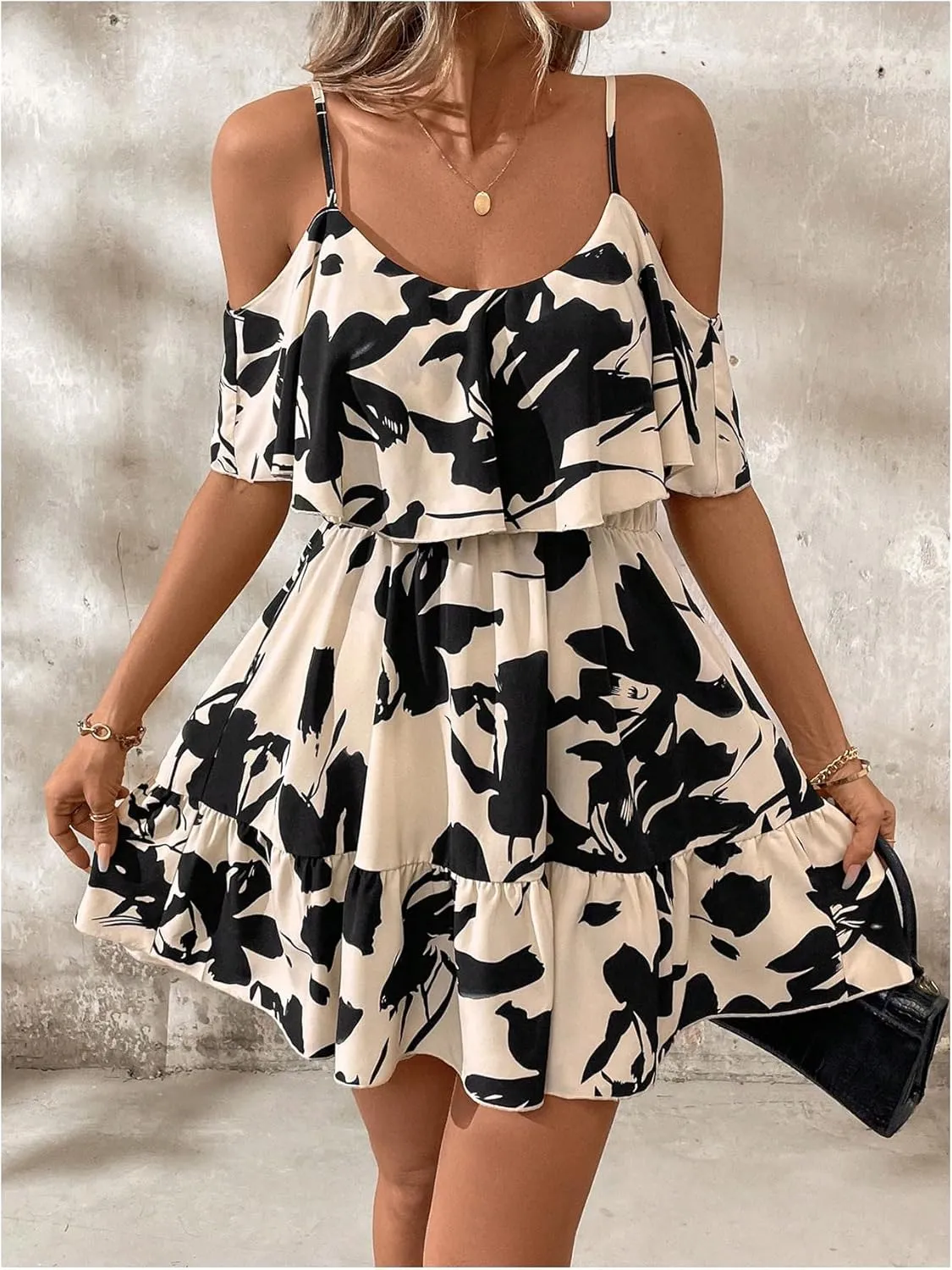 SOLY HUX Women's Boho Floral Print Cold Shoulder Dress Short Sleeve Ruffle A Line Vacation Elegant Mini Dresses