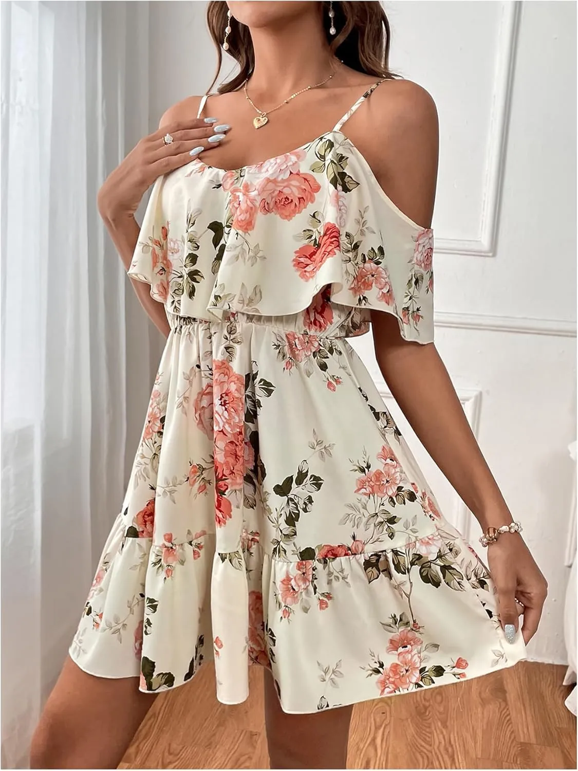 SOLY HUX Women's Boho Floral Print Cold Shoulder Dress Short Sleeve Ruffle A Line Vacation Elegant Mini Dresses