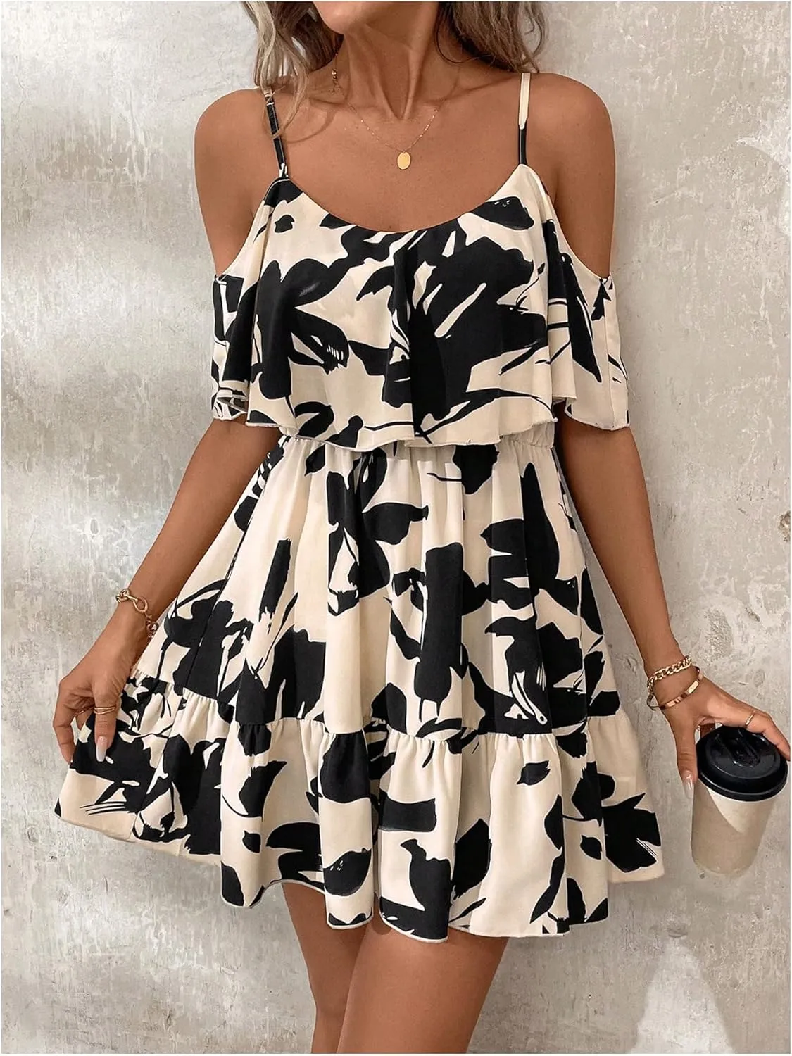 SOLY HUX Women's Boho Floral Print Cold Shoulder Dress Short Sleeve Ruffle A Line Vacation Elegant Mini Dresses