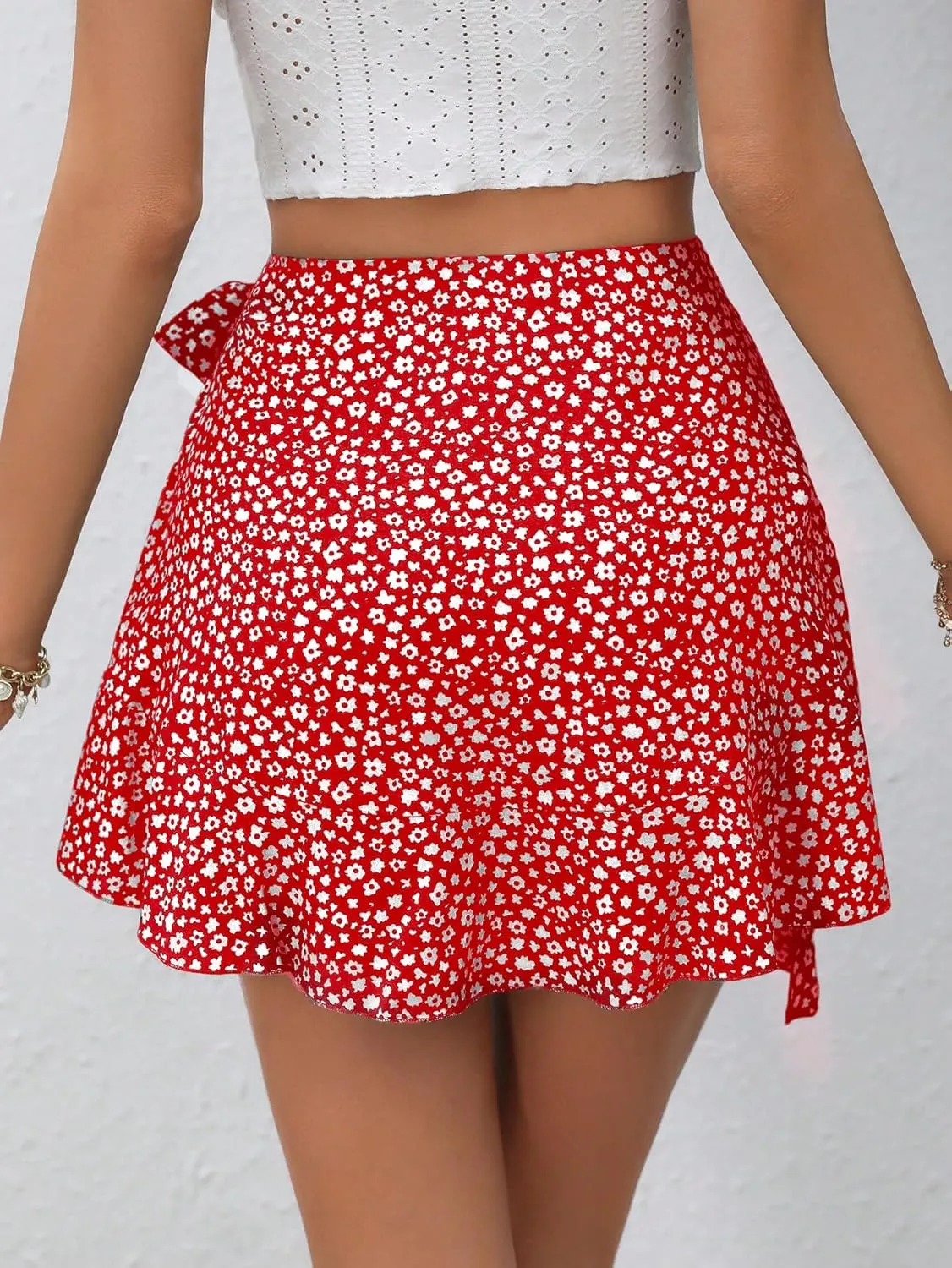 SweatyRocks Women's Boho Floral Print Tie Side Wrap Skirt Ruffle Hem Mini Skort Skirts with Shorts