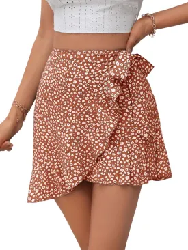 SweatyRocks Women's Boho Floral Print Tie Side Wrap Skirt Ruffle Hem Mini Skort Skirts with Shorts