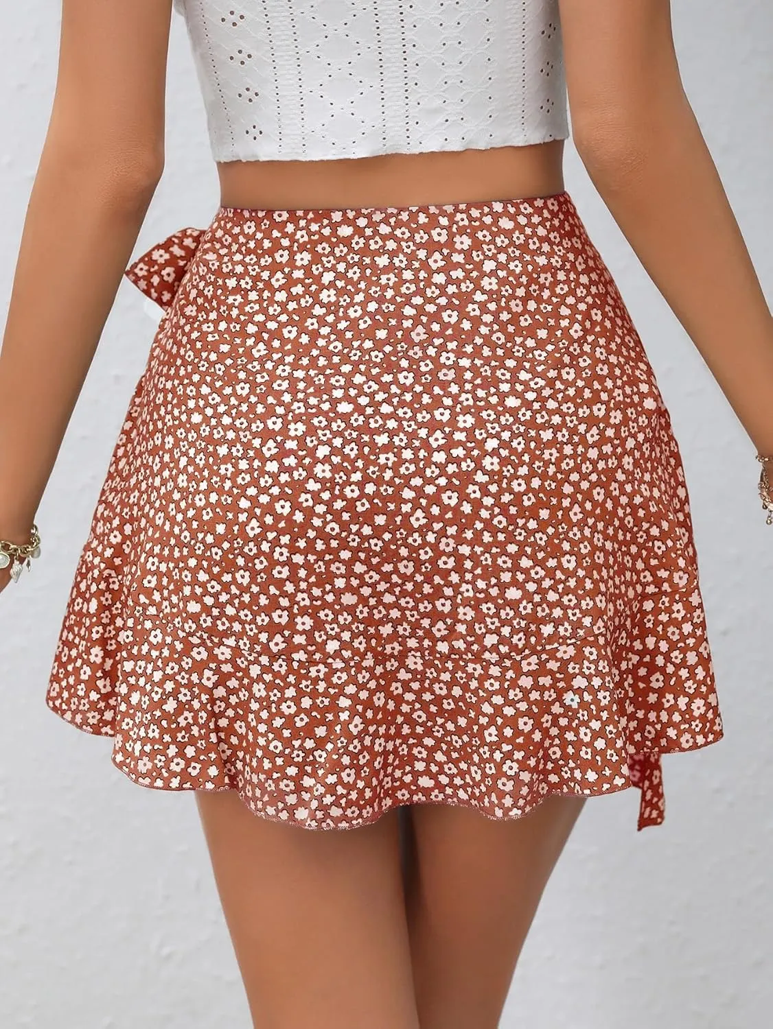 SweatyRocks Women's Boho Floral Print Tie Side Wrap Skirt Ruffle Hem Mini Skort Skirts with Shorts