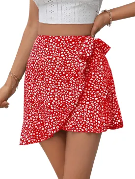 SweatyRocks Women's Boho Floral Print Tie Side Wrap Skirt Ruffle Hem Mini Skort Skirts with Shorts