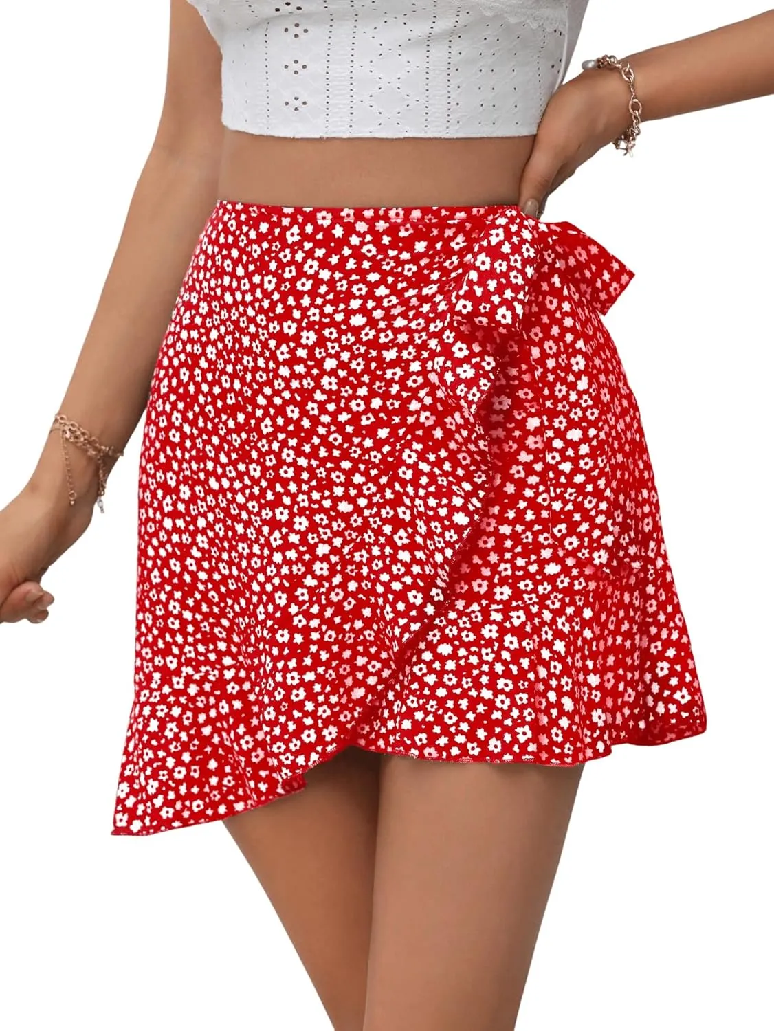 SweatyRocks Women's Boho Floral Print Tie Side Wrap Skirt Ruffle Hem Mini Skort Skirts with Shorts