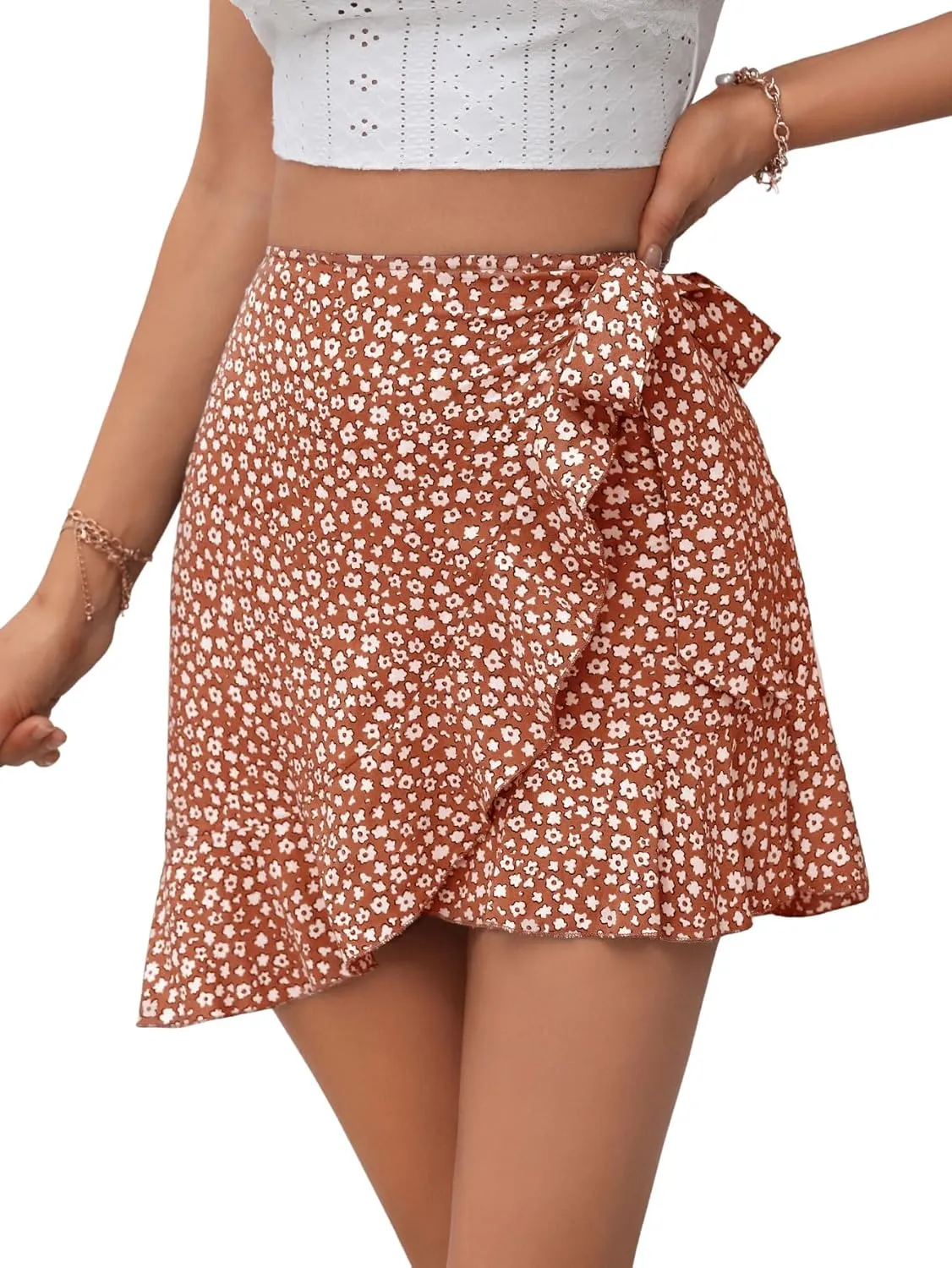 SweatyRocks Women's Boho Floral Print Tie Side Wrap Skirt Ruffle Hem Mini Skort Skirts with Shorts