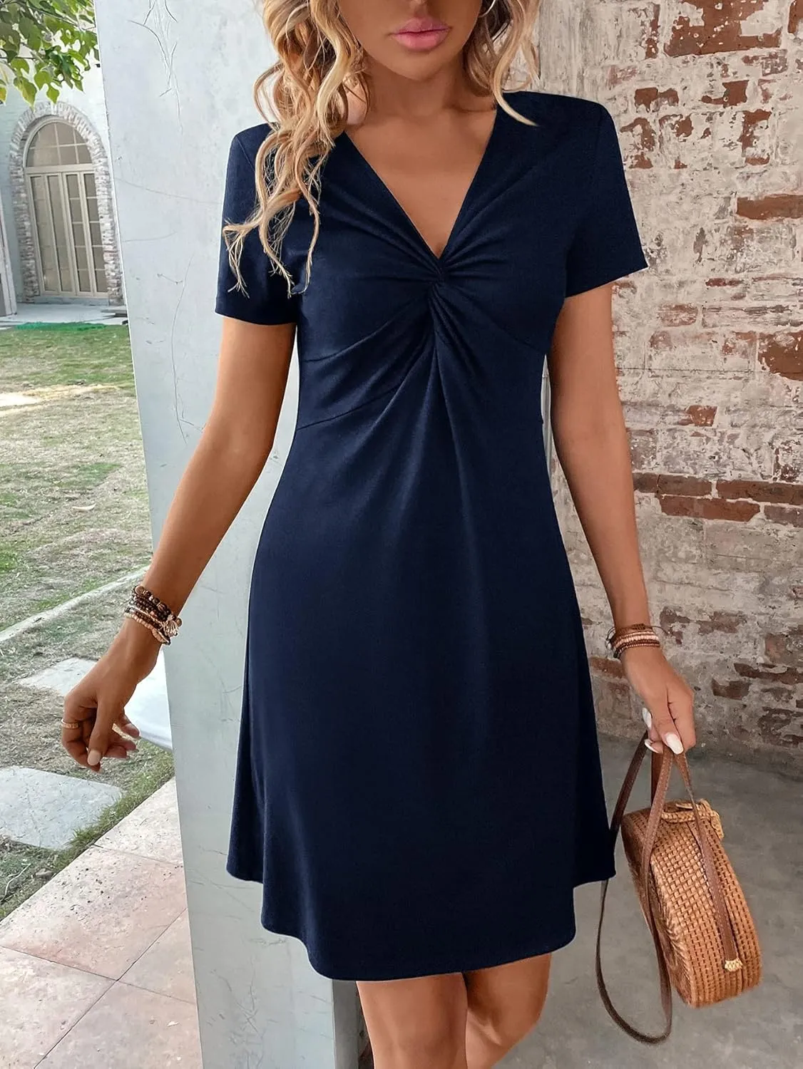 SweatyRocks Women's Casual Short Sleeve V Neck Tee Shirt Dress Twist Front A Line Short Dresses