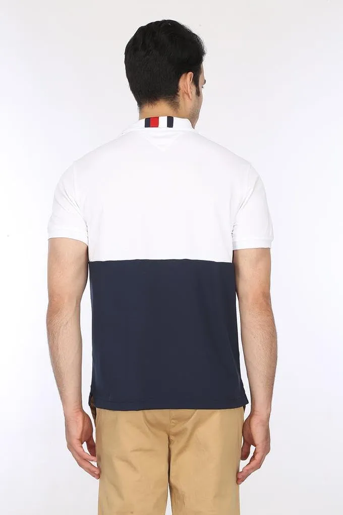 Tommy Hilfiger Men's Short Sleeve Moisture Wicking Stretch Polo Shirt with Quick Dry   UV Protection,White-Navy Colorblock,MD