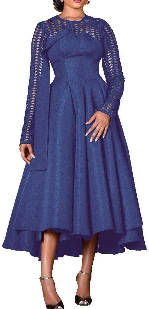 VERWIN Women's Black Long Sleeve Hollow Mid-Calf Maxi Dress - M, L, XL, XXL