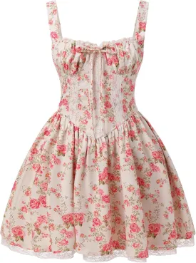 Women Corset Dress Floral Mini Dress Sexy Spaghetti Straps Low Cut Lace Short Dress Ruffle Summer Bustier Sundress
