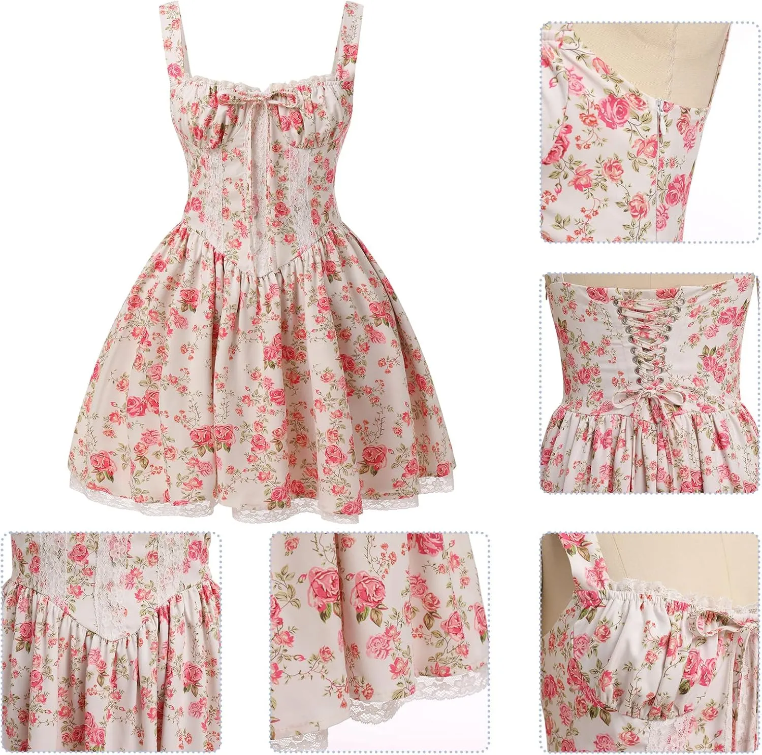 Women Corset Dress Floral Mini Dress Sexy Spaghetti Straps Low Cut Lace Short Dress Ruffle Summer Bustier Sundress