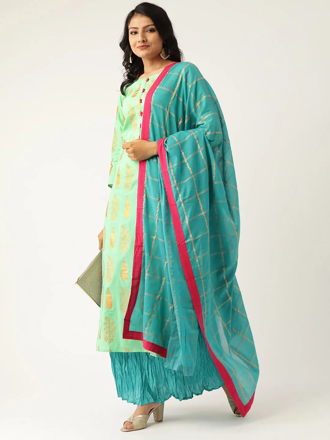 Women Green & Turquoise Blue Printed Kurta With Skirt & Dupatta