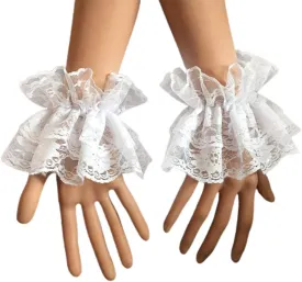 Women Ruffled Floral Lace Wrist Cuffs,Lolita Fake Hand Sleeves 1 Pair, White