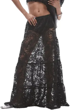 Women Sexy Sheer Lace White Flare Skirts Summer Floral Embroidered High Waist Long Maxi Beach Skirt