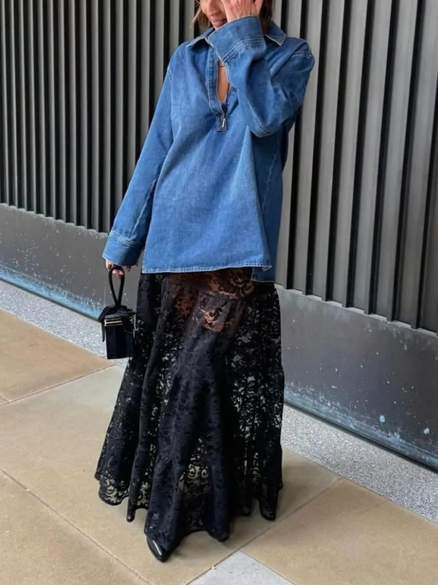 Women Sexy Sheer Lace White Flare Skirts Summer Floral Embroidered High Waist Long Maxi Beach Skirt