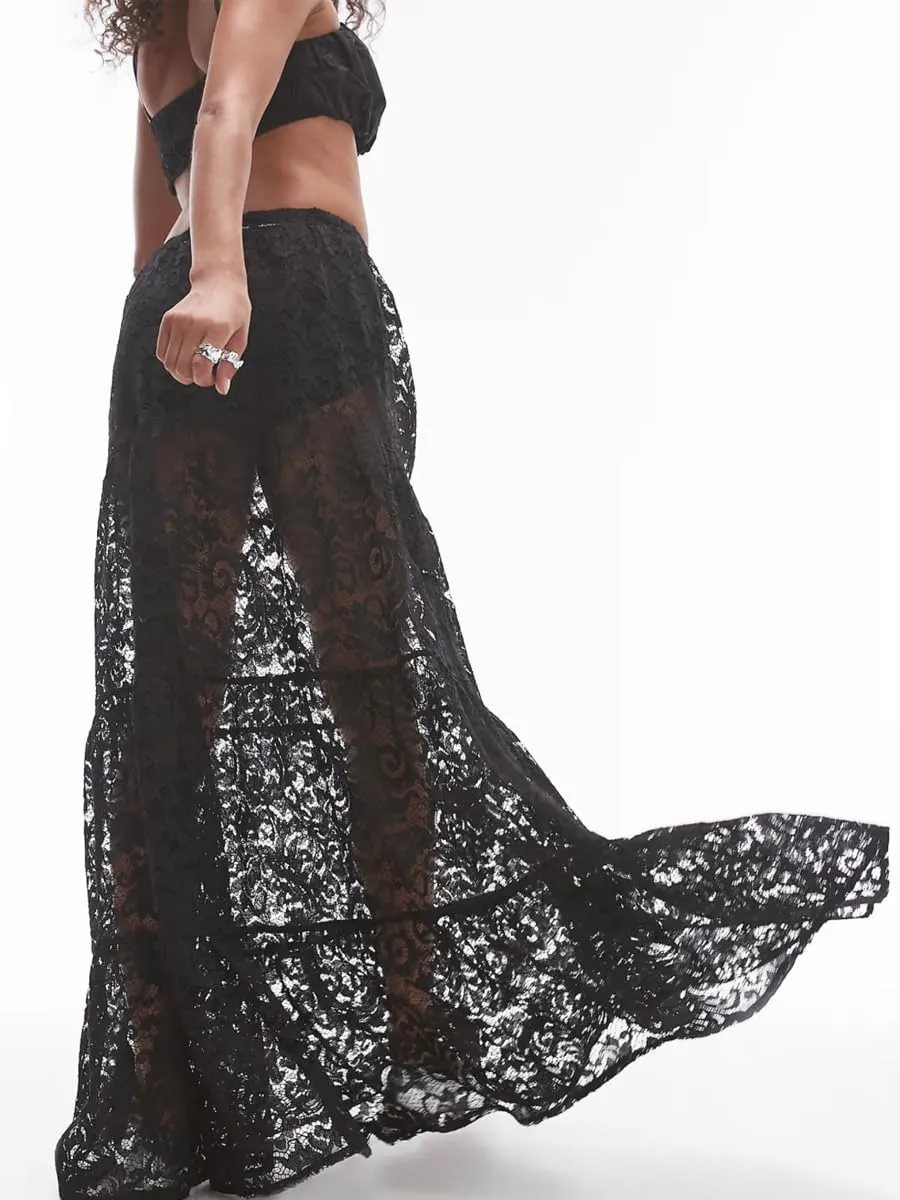Women Sexy Sheer Lace White Flare Skirts Summer Floral Embroidered High Waist Long Maxi Beach Skirt