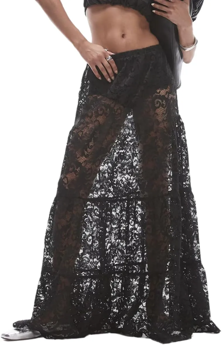 Women Sexy Sheer Lace White Flare Skirts Summer Floral Embroidered High Waist Long Maxi Beach Skirt