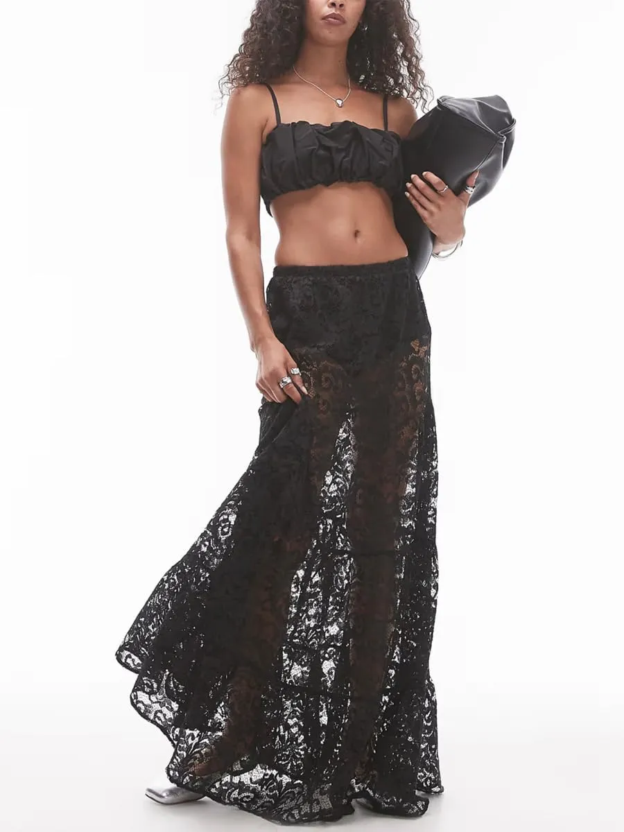 Women Sexy Sheer Lace White Flare Skirts Summer Floral Embroidered High Waist Long Maxi Beach Skirt