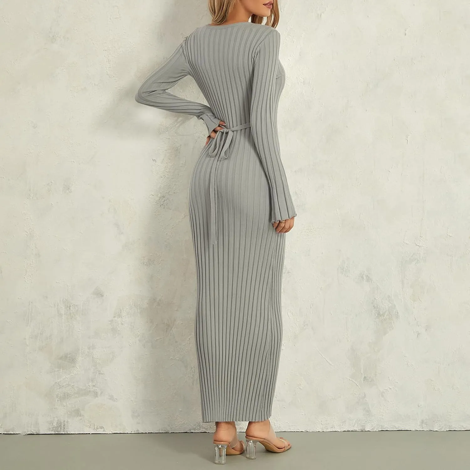 Women Sweater Maxi Dress Long Sleeve Crewneck Knit Ribbed Bodycon Long Dress Streetwear