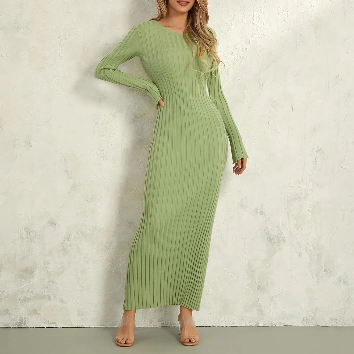 Women Sweater Maxi Dress Long Sleeve Crewneck Knit Ribbed Bodycon Long Dress Streetwear