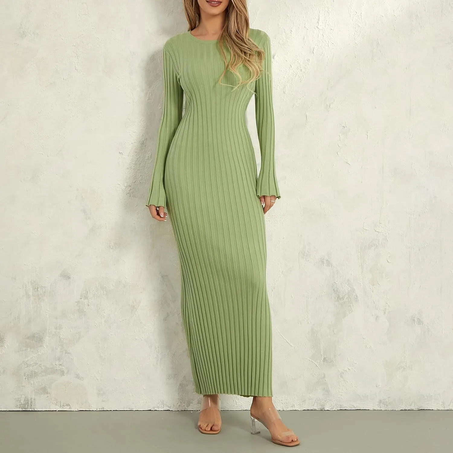 Women Sweater Maxi Dress Long Sleeve Crewneck Knit Ribbed Bodycon Long Dress Streetwear