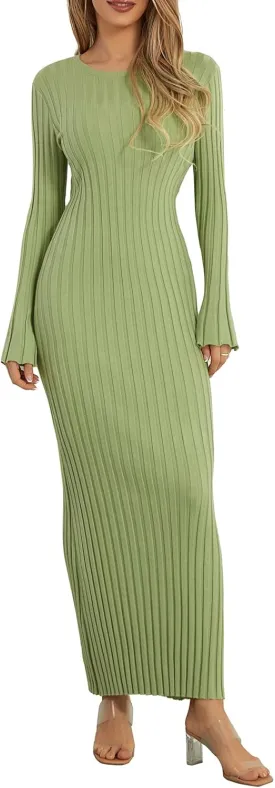 Women Sweater Maxi Dress Long Sleeve Crewneck Knit Ribbed Bodycon Long Dress Streetwear