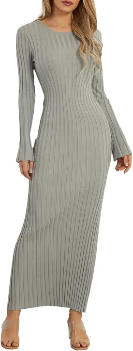 Women Sweater Maxi Dress Long Sleeve Crewneck Knit Ribbed Bodycon Long Dress Streetwear