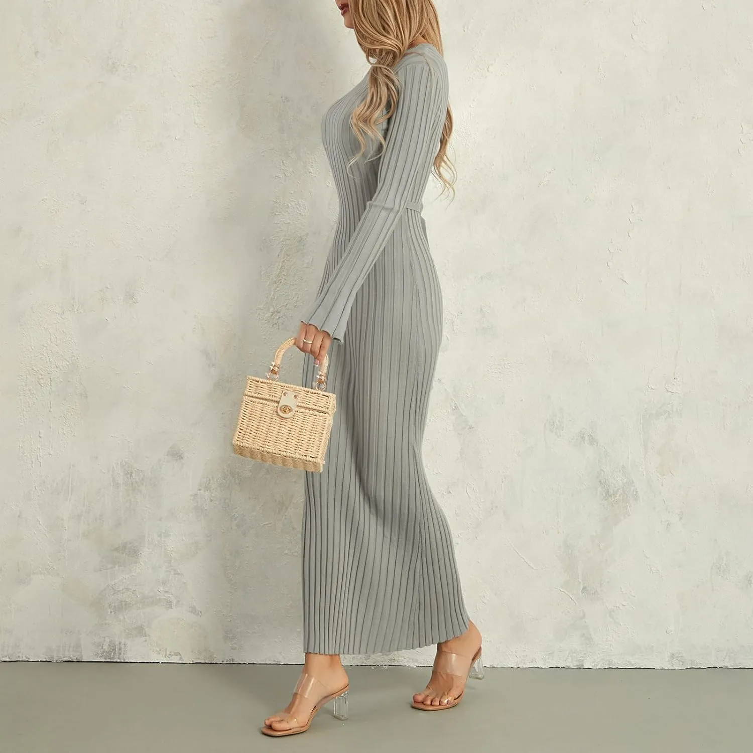 Women Sweater Maxi Dress Long Sleeve Crewneck Knit Ribbed Bodycon Long Dress Streetwear