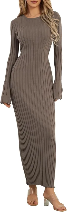 Women Sweater Maxi Dress Long Sleeve Crewneck Knit Ribbed Bodycon Long Dress Streetwear