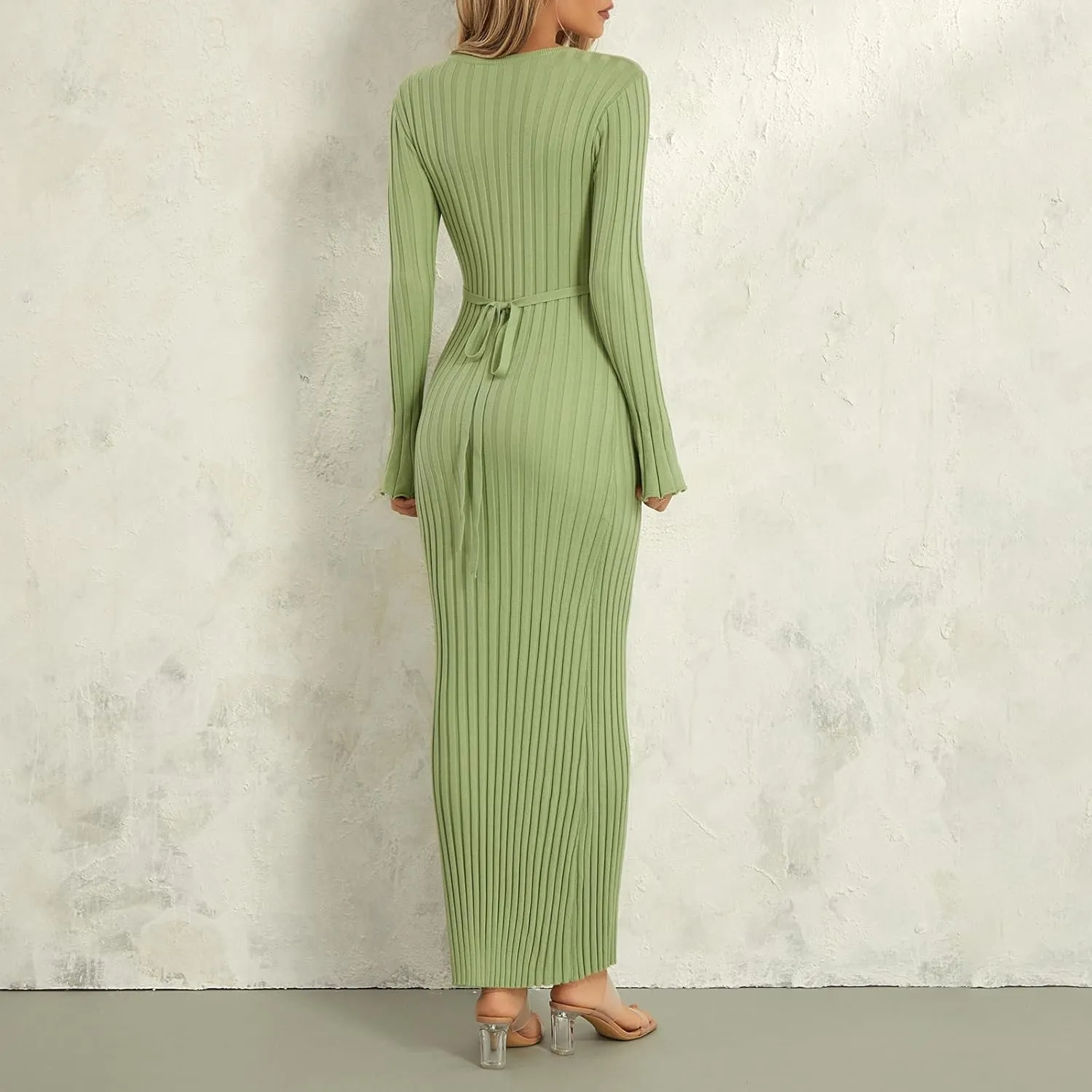 Women Sweater Maxi Dress Long Sleeve Crewneck Knit Ribbed Bodycon Long Dress Streetwear