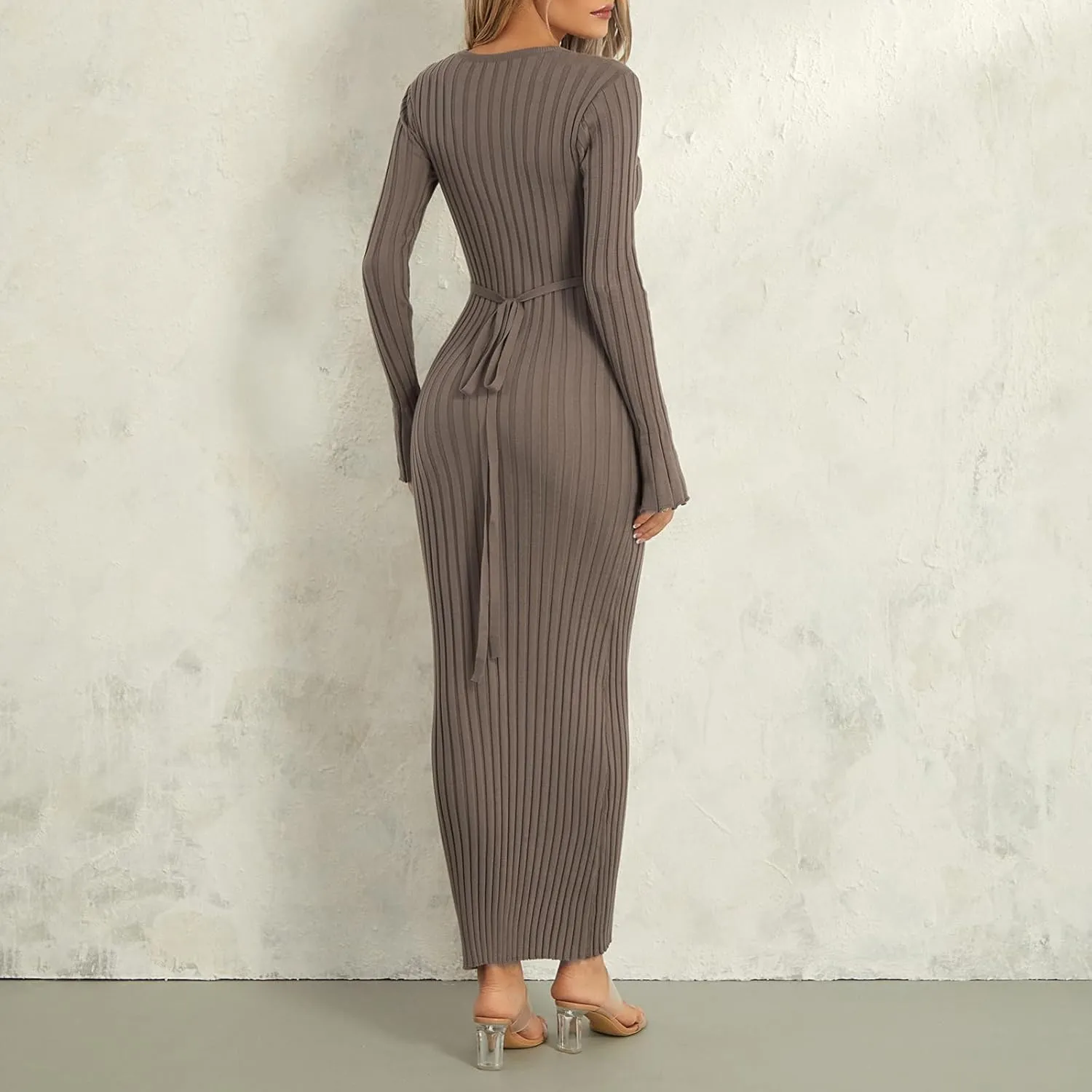 Women Sweater Maxi Dress Long Sleeve Crewneck Knit Ribbed Bodycon Long Dress Streetwear