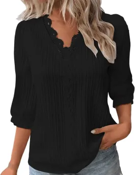 Women's 3/4 Sleeve Lace Trim V Neck Textured Tops Dressy Casual Shirts Trendy Elegant Blouse Office Business Shirts