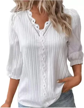 Women's 3/4 Sleeve Lace Trim V Neck Textured Tops Dressy Casual Shirts Trendy Elegant Blouse Office Business Shirts