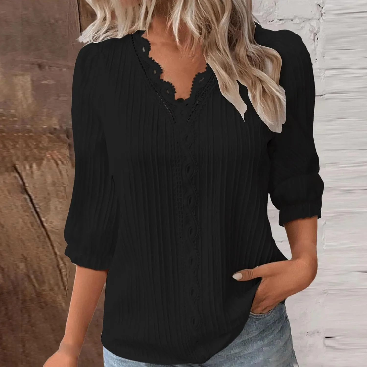 Women's 3/4 Sleeve Lace Trim V Neck Textured Tops Dressy Casual Shirts Trendy Elegant Blouse Office Business Shirts