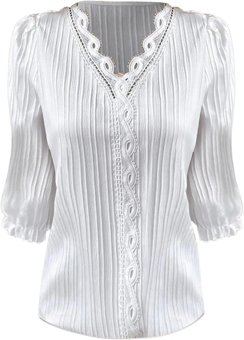 Women's 3/4 Sleeve Lace Trim V Neck Textured Tops Dressy Casual Shirts Trendy Elegant Blouse Office Business Shirts