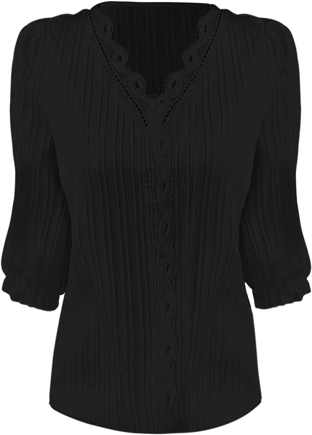 Women's 3/4 Sleeve Lace Trim V Neck Textured Tops Dressy Casual Shirts Trendy Elegant Blouse Office Business Shirts