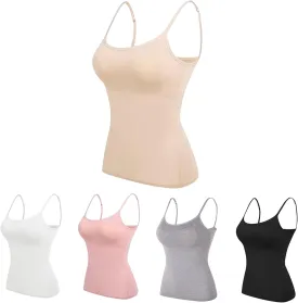 Womens Adjustable Camisoles with Built in Bra,Stretch Cotton Tank Top Spaghetti Strap Scoop Neck Layer Cami