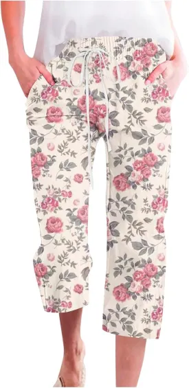 Womens Boho Floral Print Pants Casual Loose Fit Drawstring High Waist Capris Straight Leg Beach Cropped Trousers