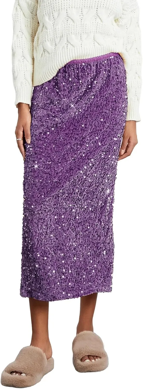Women's Elegant Sparkly Sequin Midi Skirt Elastic High Waist Shiny Glitter Pencil Formal Party Long Skirt
