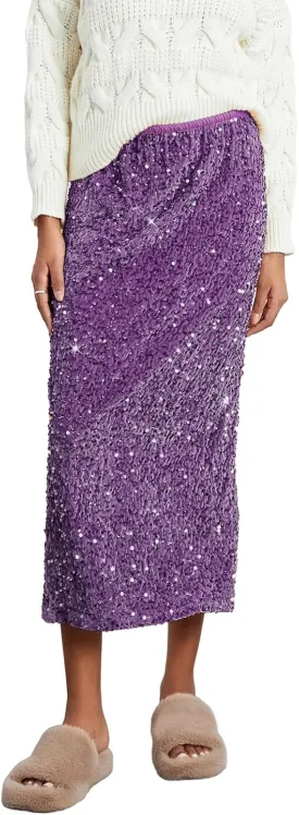 Women's Elegant Sparkly Sequin Midi Skirt Elastic High Waist Shiny Glitter Pencil Formal Party Long Skirt