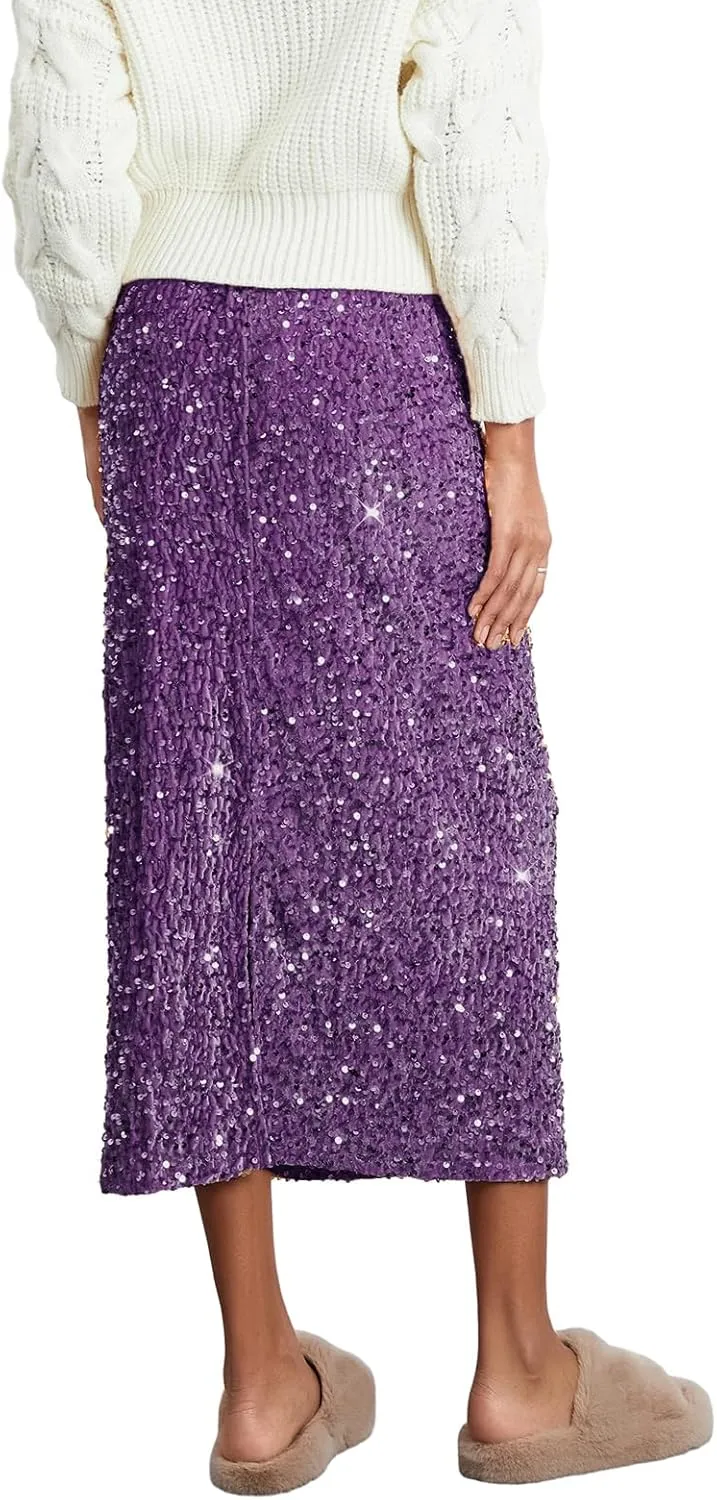 Women's Elegant Sparkly Sequin Midi Skirt Elastic High Waist Shiny Glitter Pencil Formal Party Long Skirt