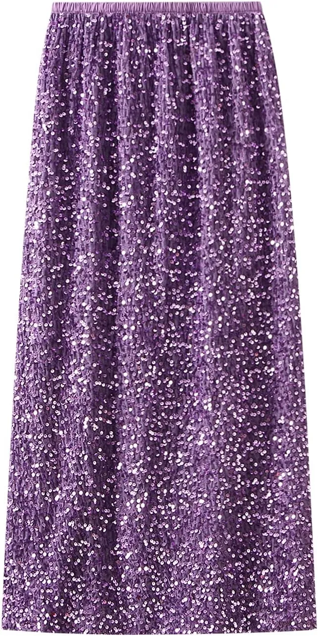 Women's Elegant Sparkly Sequin Midi Skirt Elastic High Waist Shiny Glitter Pencil Formal Party Long Skirt